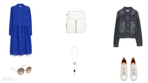 Платье - 11995 HUF (Mango), рюкзак - 27,31 евро (New Look/Asos), джинсовая куртка - 14995 HUF (Zara), солнцезащитные очки - 4295 HUF (Parfois), ожерелье - 9,99 фунтов (New Look), кроссовки - 14990 HUF (Х&М)