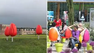 Сядьте в чашку с цветком на площади