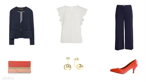 Пиджак - 14 995 форинтов (Zara), блузка - 4 800 форинтов (F&F), брюки - 8 990 форинтов (H&M), сумка - 15,99 форинтов (New Look), серьги - 10,96 евро (Parfois), туфли - 3 990 форинтов (Asia Center)