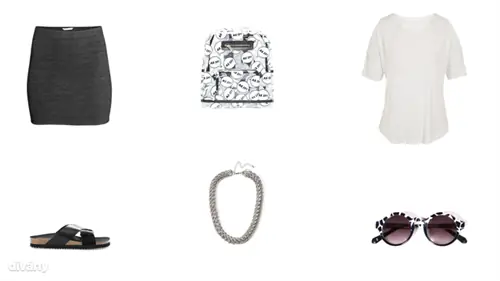 Юбка - 1790 форинтов (H&M), рюкзак - 47,94 евро (Skinnydip/Asos), футболка - 2890 форинтов (F&F), тапочки - 6995 форинтов (Mango), колье - 2995 форинтов (Bershka), солнцезащитные очки - 3995 форинтов (Stradivarius).)