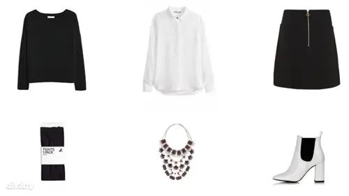 Свитер - 3995 HUF (Mango), рубашка - 5990 HUF (H&M), юбка - 5495 HUF (F&F), чулки - 1990 HUF (H&M), ожерелье - 8495 HUF (Parfois), ботильоны - 79 фунтов (Topshop)