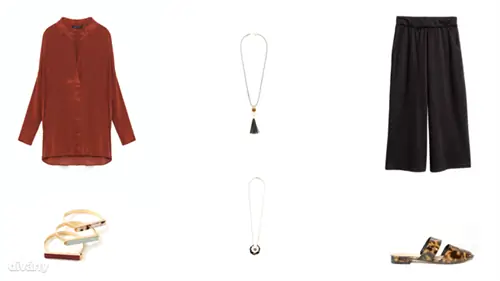 Блузка - 17 995 форинтов (Zara), ожерелье - 4 595 форинтов (Mango), брюки - 3 990 форинтов (H&M), браслеты - 14,95 евро (Promod), колье - 3 295 форинтов (Parfois), туфли - 29 фунтов стерлингов (Asos)