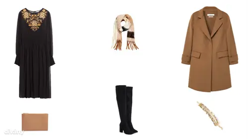 Платье - 14 995 форинтов (Zara), шарф - 5 990 форинтов (H&M), куртка - 27 995 форинтов (Mango), сумка - 45 фунтов (Asos), сапоги - 14 495 форинтов (Reserved), браслет - 12,95 евро (Promod)