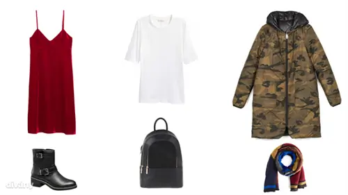 Платье - 9995 форинтов (Zara), футболка - 8990 форинтов (H&M), куртка - 12995 форинтов (Stradivarius), ботинки - 9990 форинтов (Deichmann), рюкзак - 8995 форинтов (Parfois), шарф - 5995 форинтов (Reserved)