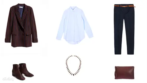 Жакет - 9990 форинтов (H&M), блузка - 5990 форинтов (Stradivarius), брюки - 8995 форинтов (Zara), ботильоны - 27995 форинтов (Mango), колье - 2995 форинтов (Parfois), сумка - 25 фунтов стерлингов (Topshop)