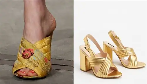 Gucci не изобретал туфли на высоком каблуке с перекрестными ремешками, но они, несомненно, вернули моду на ретро-обувь. Слева тапочки от H&M за 9 490 форинтов, в центре одна из туфель с показа мод Gucci (весна-лето 2016, представлена на неделе мужской моды в июне 2015), справа версия от Mango за 13 995 форинтов