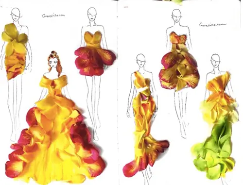 Лепестки цветов, нанесенные на бумагу, умело превращаются в красивые 3D-платья